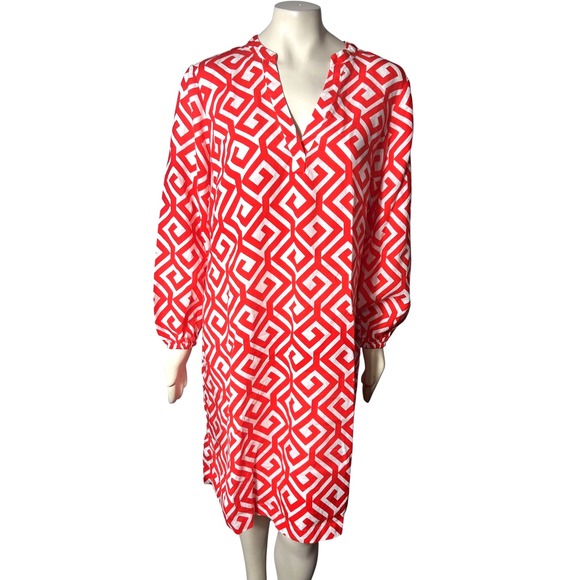 BODEN Cleo 100% Linen Dress Sz 16-18L R Flame Scarlet Maze Coastal Resort Beach - Picture 1 of 11